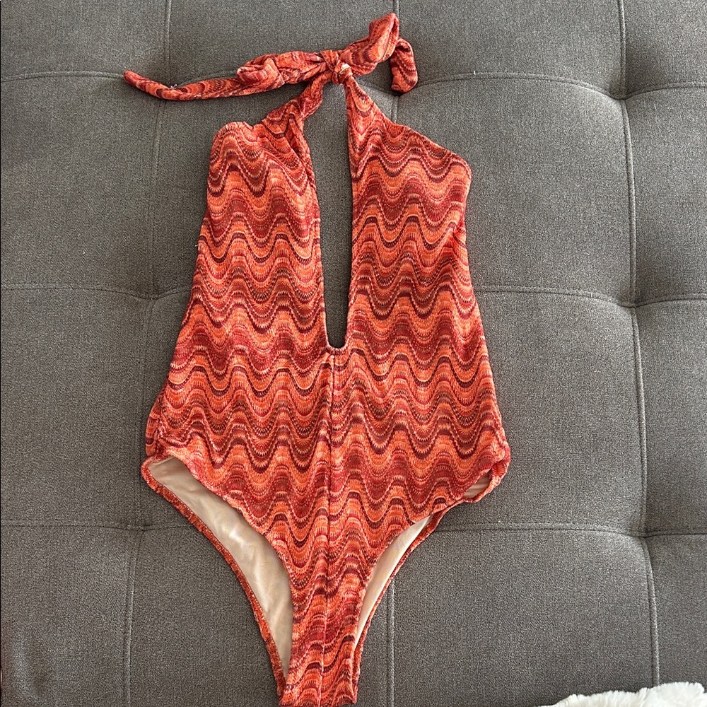 Zara Orange Wave Pattern One Piece Swimsuit